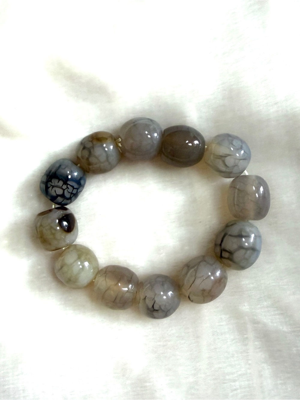 Natural Gray Dragon Vein Agate Stretch Bracelet 15mm Chunky Beads